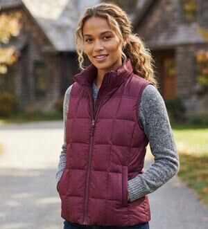 LAND’S END Cranberry Red Herringbone Zip-Up Down Filled Fall Puffer Vest NEW